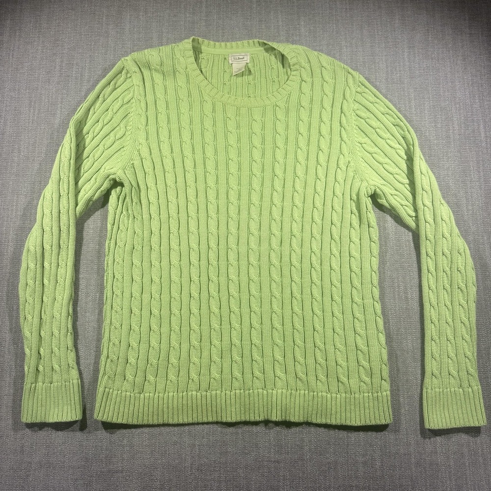 L.L. Bean Sweater Womens XL Green Cable Knit Crewneck Pullover Cotton Cozy